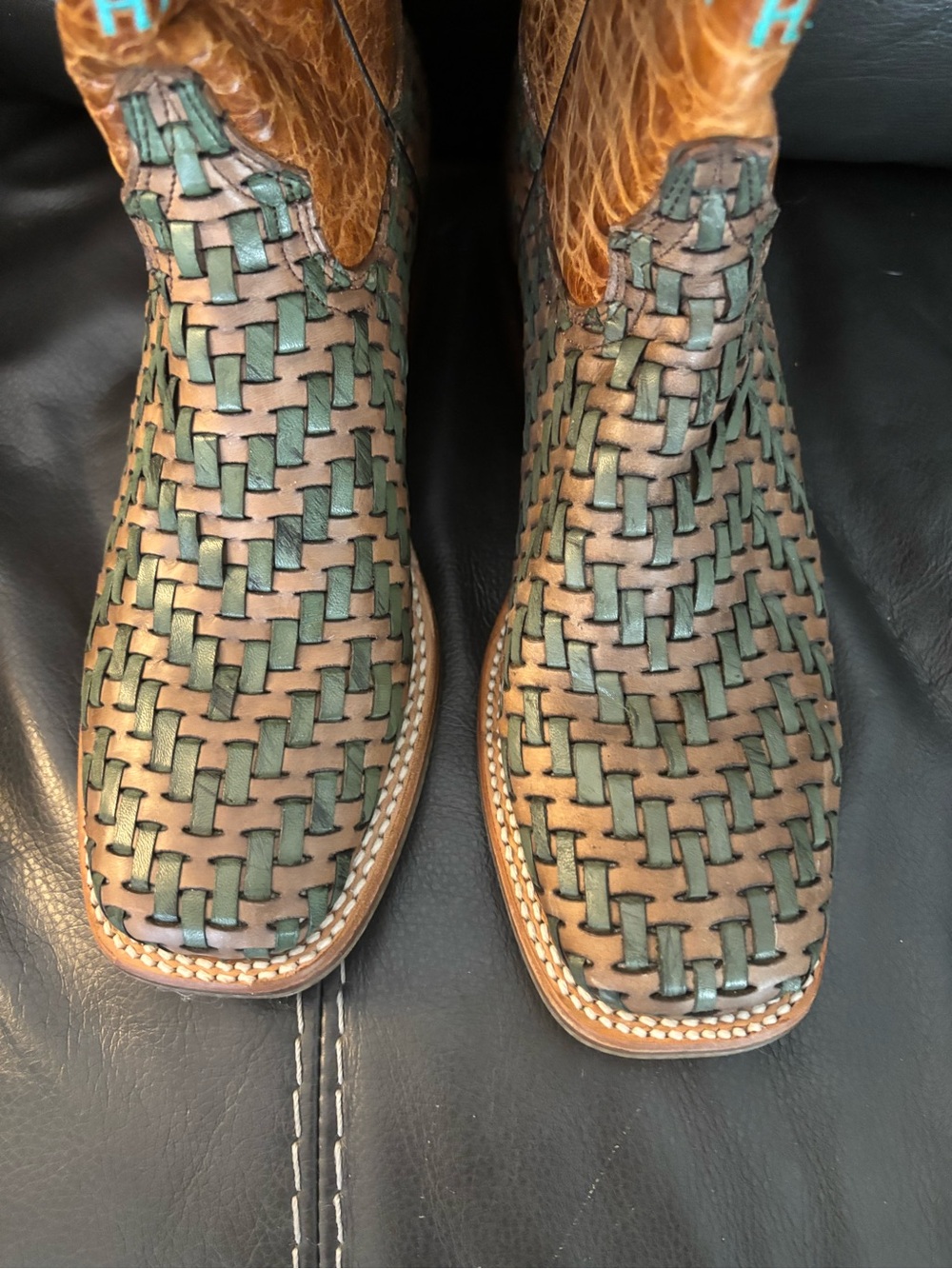 Tin Haul Brown Leather Cowboy Boots with Teal weave and Stitching size 7.5 NWT - Picture 2 of 8